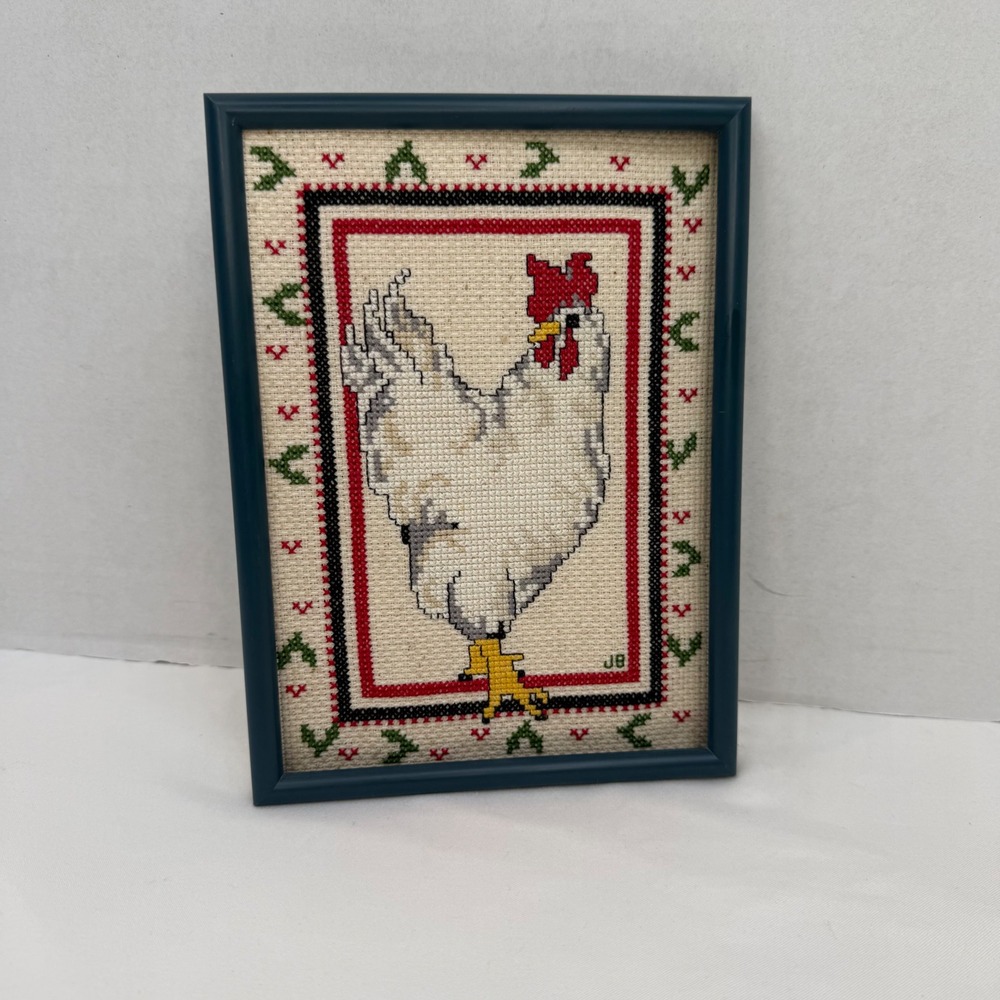 Vintage Handmade Framed Rooster Cross Stitch Needlepoint Farmhouse Decor JB